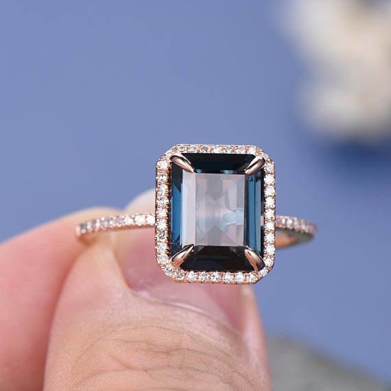 1.50 Carat Emerald Cut London Blue Topaz Halo Half Infinity Engagement Ring in Rose Gold