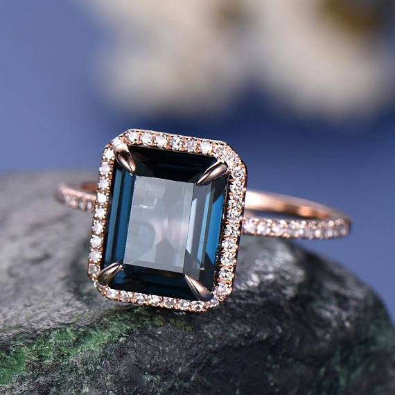 1.50 Carat Emerald Cut London Blue Topaz Halo Half Infinity Engagement Ring in Rose Gold