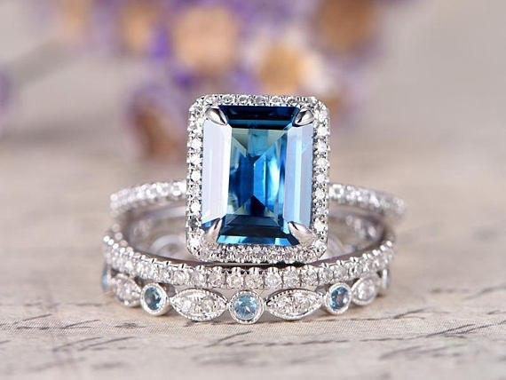 2 Carat Emerald Cut London Blue Topaz and Diamond Trio Ring Set in White Gold