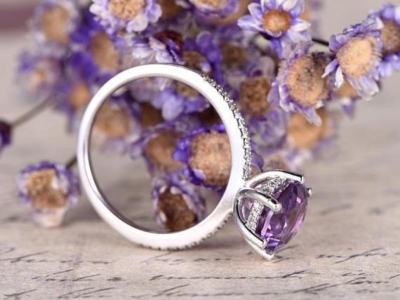 1.25 Carat Round Amethyst and Diamond Engagement Ring in White Gold