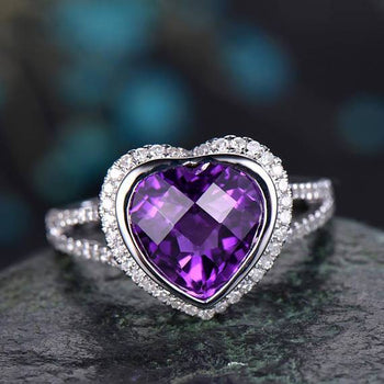 2.50 Carat Heart Shape Amethyst and Diamond Split Shank Engagement Ring in White Gold