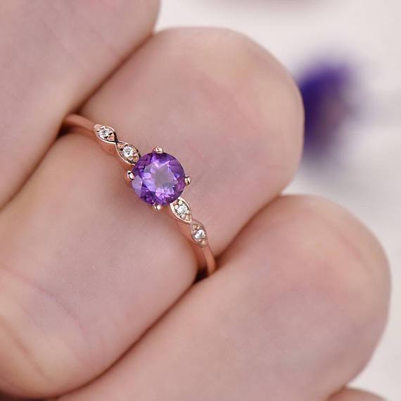 1.25 Carat Round Amethyst and Diamond Engagement Ring Antique February Birthstone Rose Gold