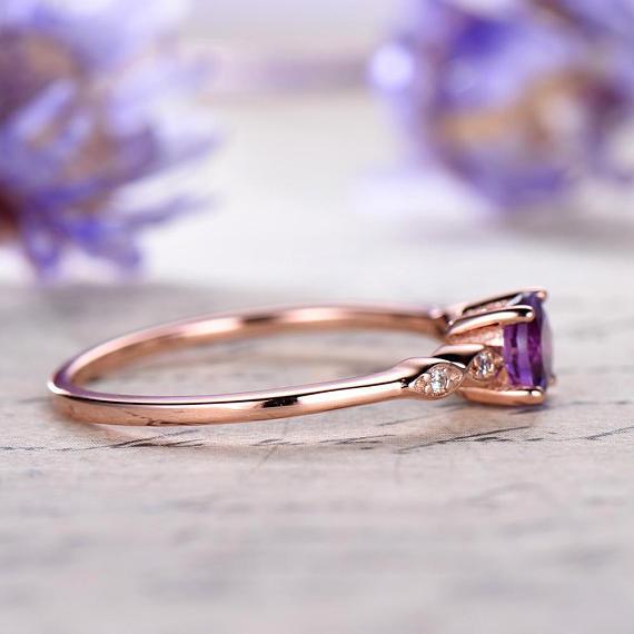 1.25 Carat Round Amethyst and Diamond Engagement Ring Antique February Birthstone Rose Gold