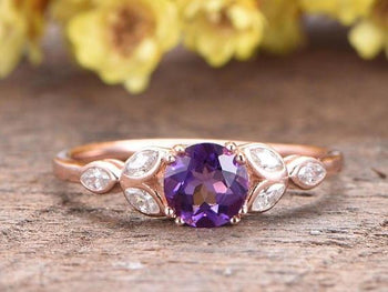 1.50 Carat Round Amethyst and Art Deco Leaf Diamond Engagement Ring in Rose Gold