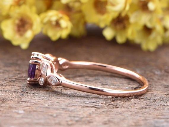 1.50 Carat Round Amethyst and Art Deco Leaf Diamond Engagement Ring in Rose Gold