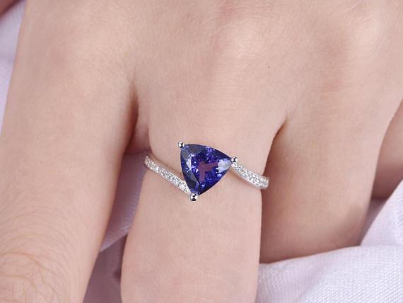 1.50 Carat Trillion Tanzanite Diamond Unique Pave Engagement Ring in White Gold