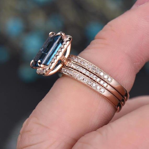 2.50 Carat emerald cut White Topaz and Diamond Halo Half Infinity Trio Wedding Bridal Ring Set in Rose Gold