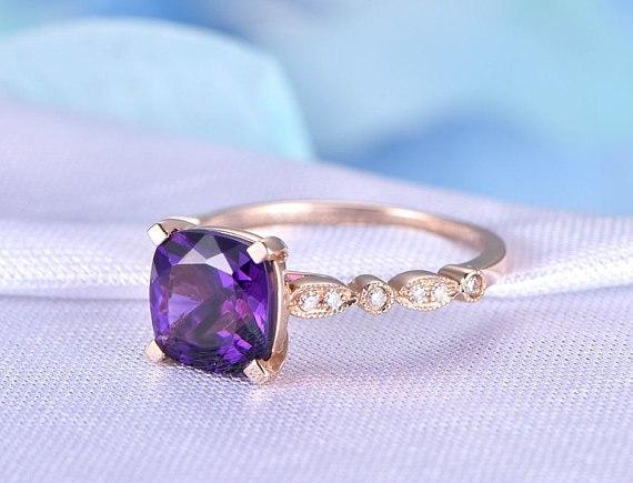 1.25 Carat Cushion Amethyst and Diamond Art Deco Engagement Ring in Rose Gold