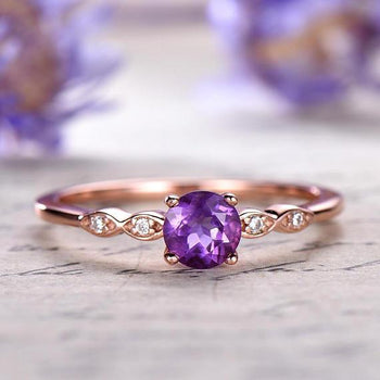 1.25 Carat Round Amethyst and Diamond Engagement Ring Antique February Birthstone Rose Gold