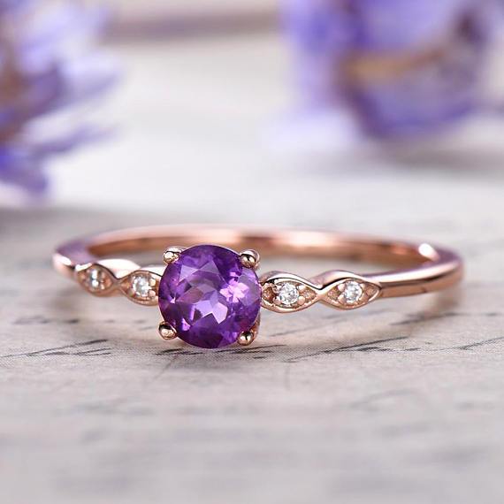1.25 Carat Round Amethyst and Diamond Engagement Ring Antique February Birthstone Rose Gold