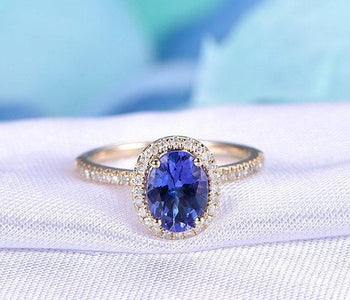 1.50 Carat Halo Oval Cut Tanzanite Diamond Half Infinity Engagement Rings in Yellow Gold