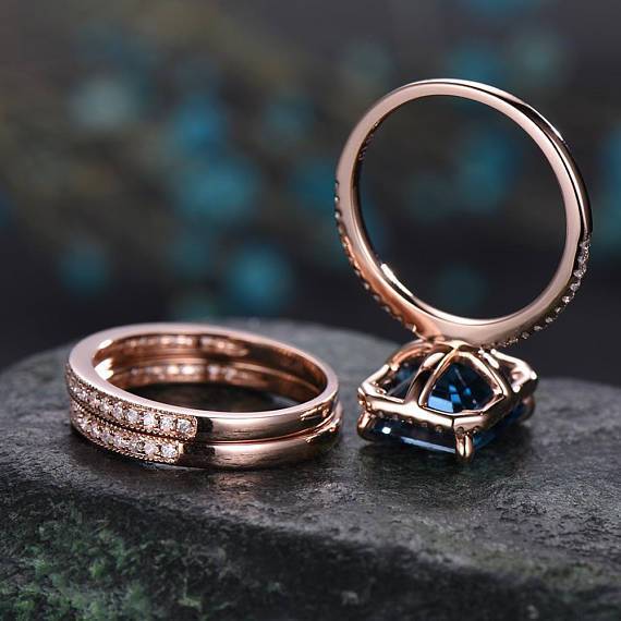2.50 Carat emerald cut White Topaz and Diamond Halo Half Infinity Trio Wedding Bridal Ring Set in Rose Gold