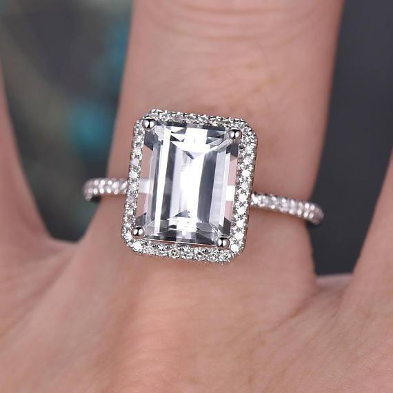 2 Carat Emerald Cut White Topaz and Diamond Halo Half Infinity Wedding Ring Set in White Gold