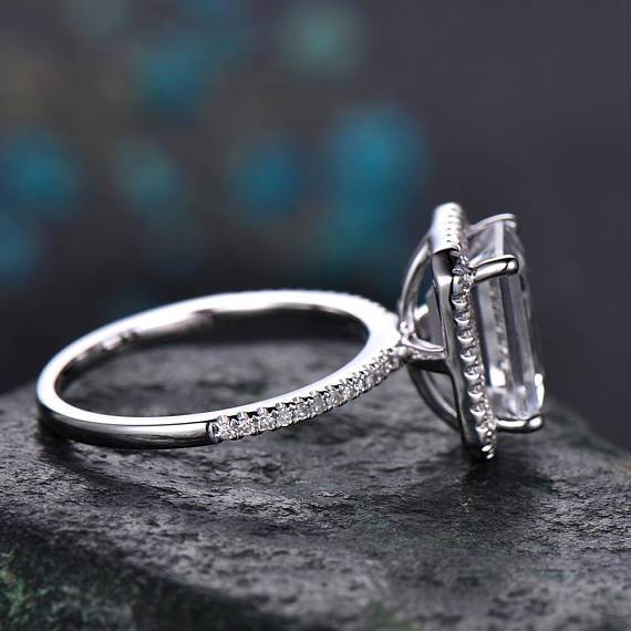 2 Carat Emerald Cut White Topaz and Diamond Halo Half Infinity Wedding Ring Set in White Gold