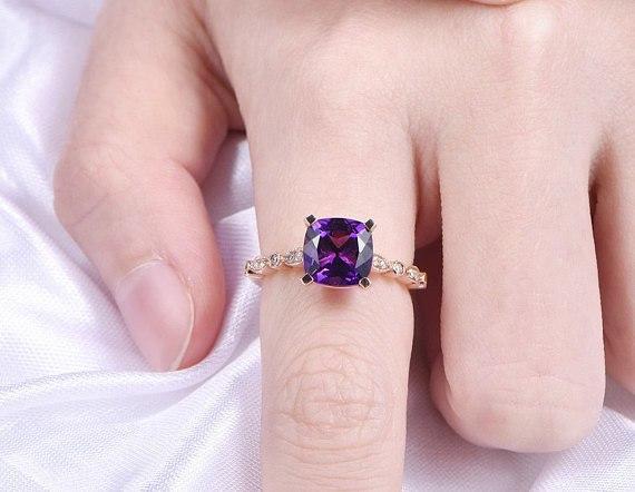 1.25 Carat Cushion Amethyst and Diamond Art Deco Engagement Ring in Rose Gold
