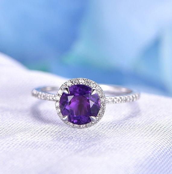 1.25 Carat Round Amethyst and Diamond Halo Engagement Ring in White Gold