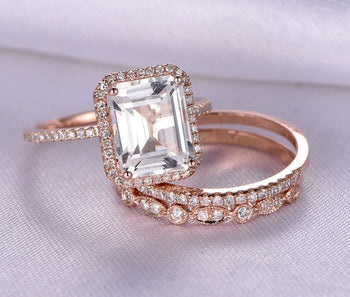 2 Carat Emerald Cut White Topaz and Diamond Art Deco Trio Ring Set in Rose Gold for Her/Him