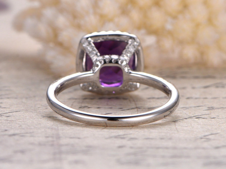 1.50 Carat Cushion Amethyst and Diamond Halo Engagement Ring in White Gold