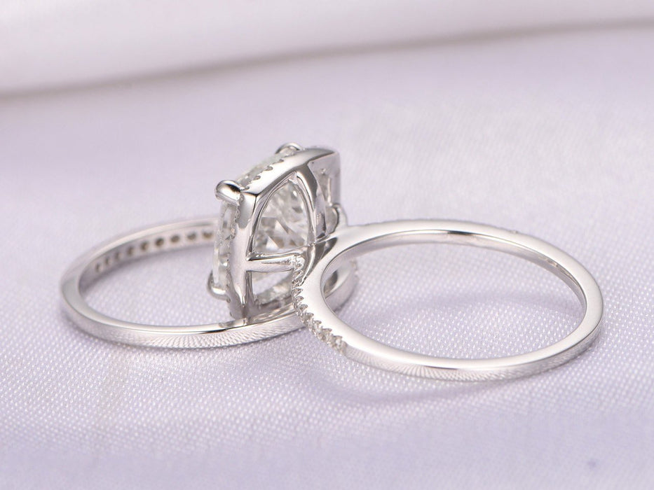 2 Carat Cushion White Topaz and Diamond Halo Claw Prong Wedding Ring Set in White Gold