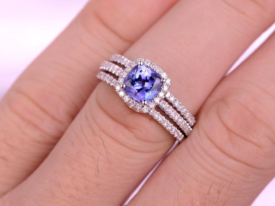 2.50 Halo Cushion Tanzanite and Half Infinity Diamond  Wedding Rings Set in White Gold