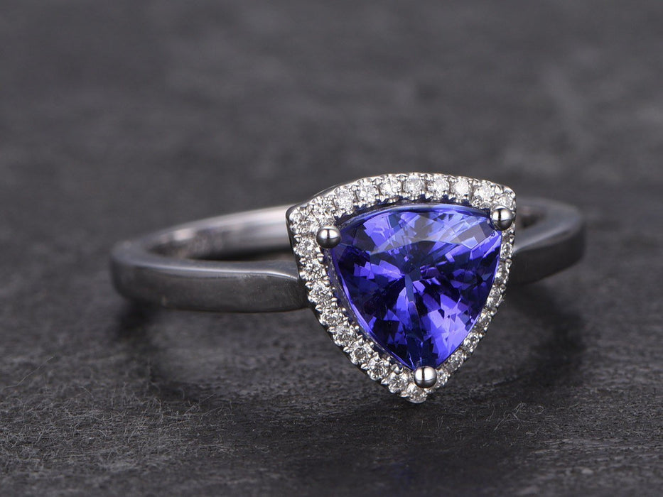 1.25 Carat Trillion Cut Tanzanite Diamond Halo Engagement Ring in White Gold