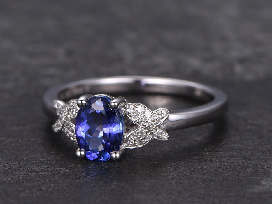 1.25 Carat Oval Cut Tanzanite Diamond Butterfly Engagement Ring in White Gold