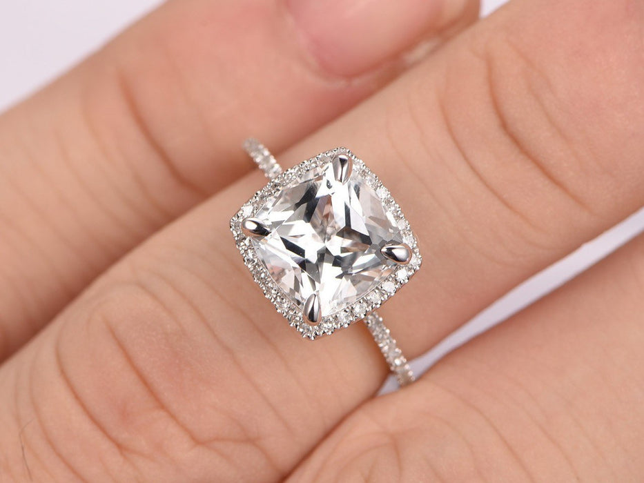 1.50 Carat Cushion Cut White Topaz and Diamond Halo Engagement Ring in White Gold