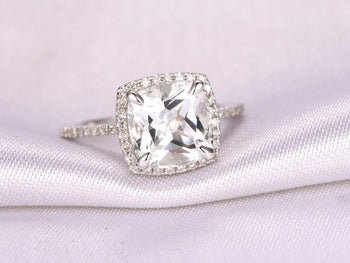 1.50 Carat Cushion Cut White Topaz and Diamond Halo Engagement Ring in White Gold