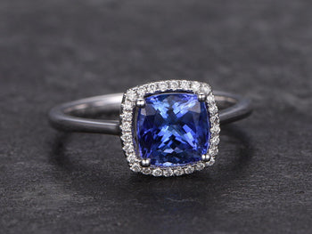 1.25 Carat Cushion Cut Tanzanite Diamond Halo Engagement Ring in White Gold