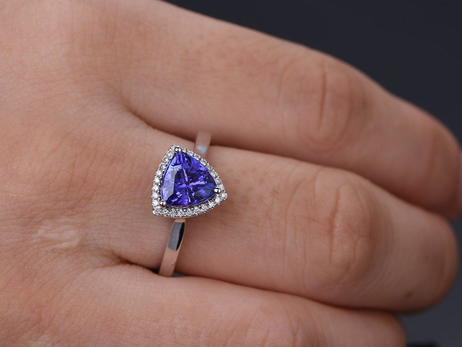 1.25 Carat Trillion Cut Tanzanite Diamond Halo Engagement Ring in White Gold