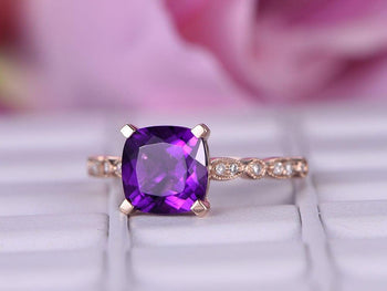 1.25 Carat Cushion Amethyst and Diamond Half Eternity Engagement Ring in Rose Gold