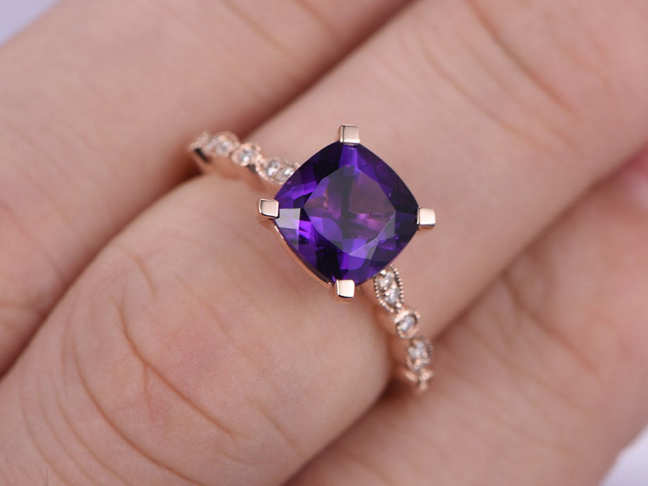 1.50 Carat Cushion Amethyst and Diamond Art Deco Engagement Ring in Rose Gold