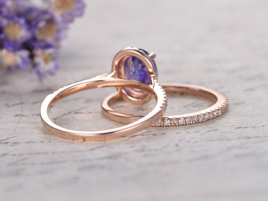 2 Carat Oval Tanzanite Diamond Floral Wedding Ring Set in Rose Gold