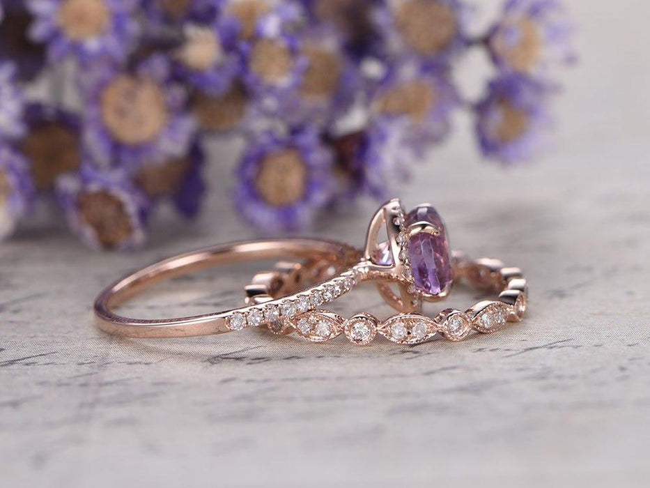 Bestselling 2 Carat Round Cut Amethyst and Diamond Bridal halo Art Deco Bridal Ring Set in Rose Gold