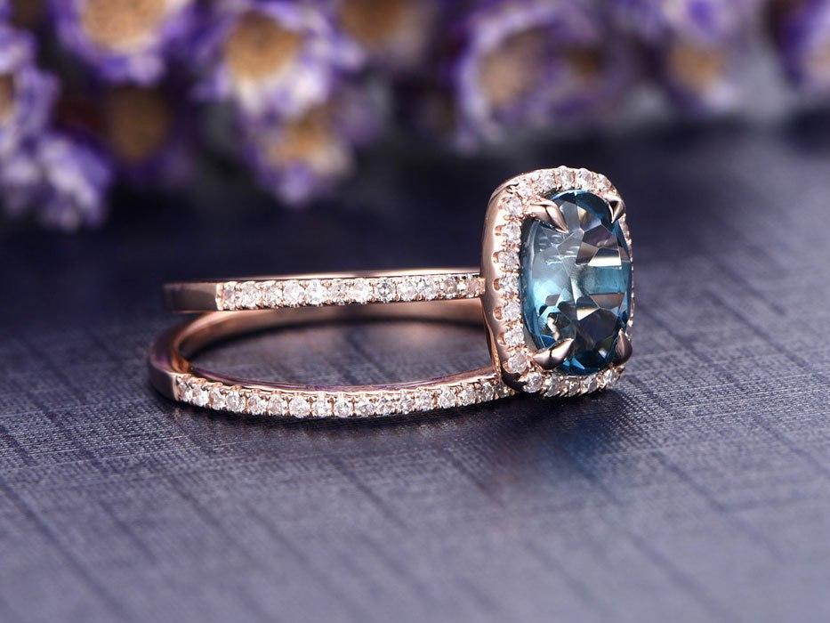 2 Carat Oval Cut London Blue Topaz and Diamond Halo Wedding Ring Set in Rose Gold