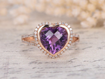 1.50 Carat Heart Shape Amethyst and Diamond Halo Split Shank Engagement Ring in Rose Gold