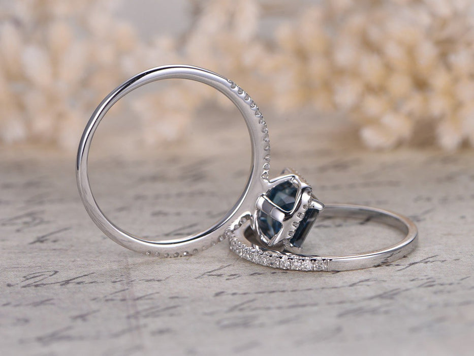 1.50 Carat Emerald Cut London Blue Topaz and Diamond Halo Engagement Ring in White Gold