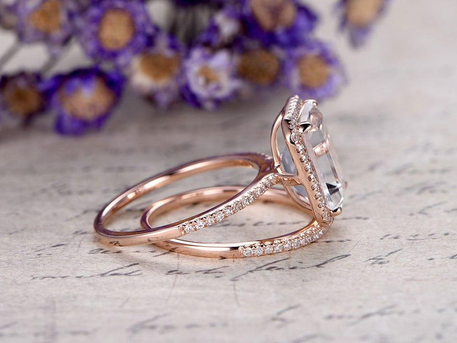 2 Carat Emerald Cut White Topaz and Diamond Antique Wedding Ring Set in Rose Gold