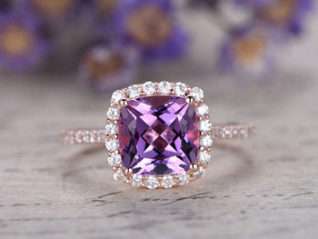 Big 1.50 Carat Cushion Amethyst and Diamond Halo Half Eternity Engagement ring in Rose Gold