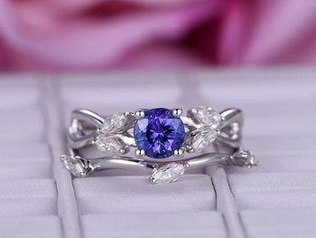 1.50 Carat Round Tanzanite and Marquise Cut Diamond Floral Wedding Ring Set in White Gold