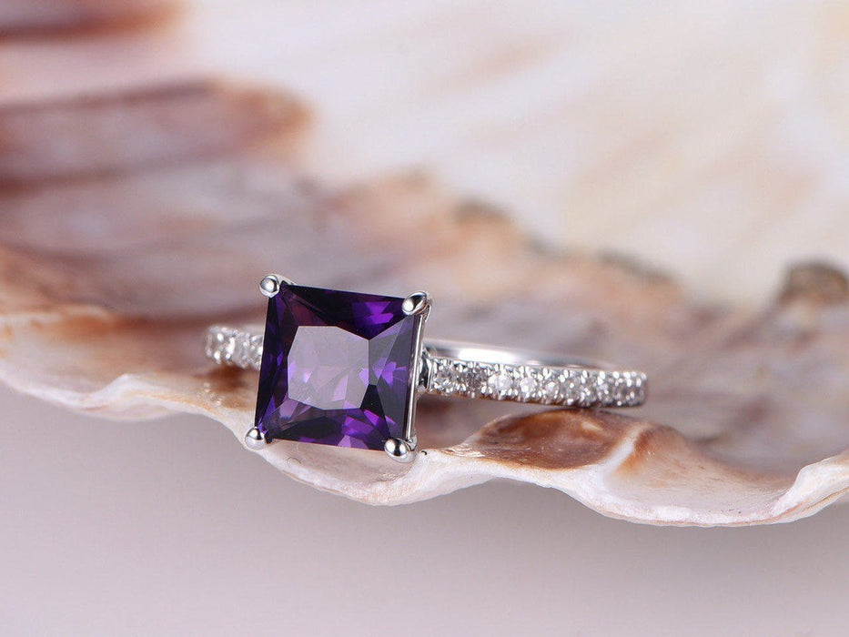 1.25 Carat Princess Amethyst and Diamond Engagement Ring in White Gold