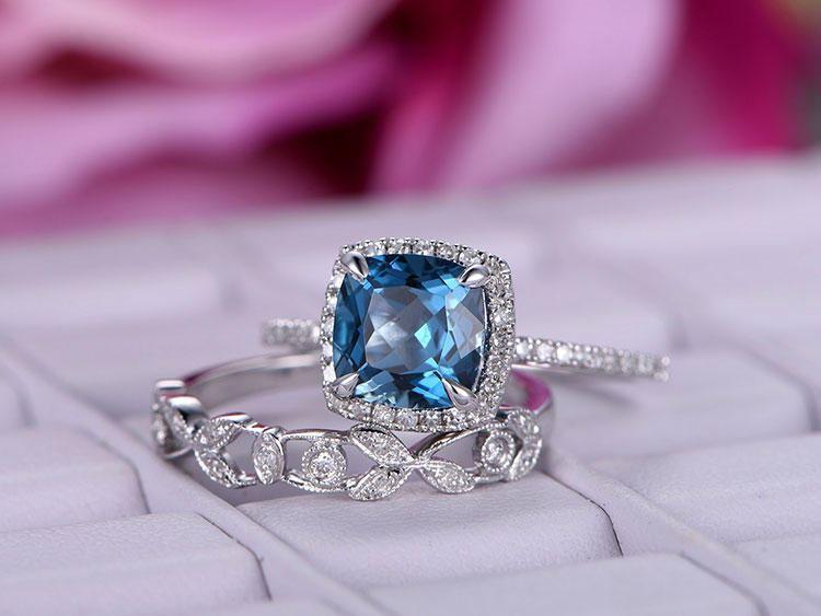 1.50 Carat Cushion Cut London Blue Topaz and Diamond Halo Half Eternity Floral Engagement Ring in White Gold