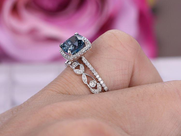 1.50 Carat Cushion Cut London Blue Topaz and Diamond Halo Half Eternity Floral Engagement Ring in White Gold