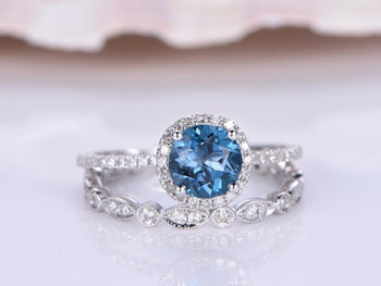 1.50 Carat Round Cut London Blue Topaz and Diamond Art Deco Wedding Ring Set IN White Gold