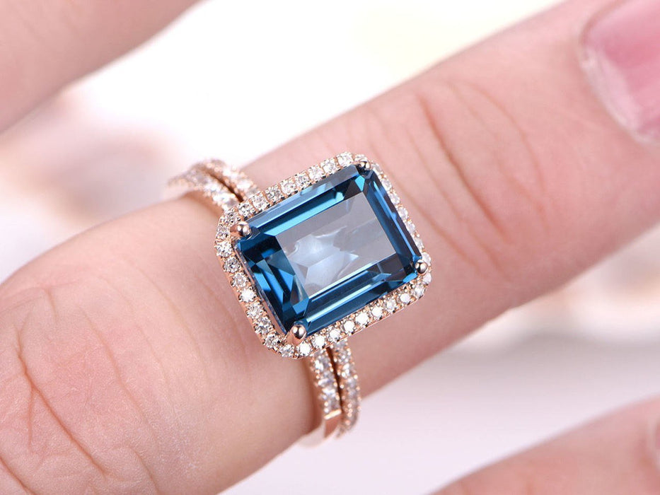 2 Carat Emerald Cut London Blue Topaz and Diamond Halo Half Eternity Wedding Ring Set in Rose Gold