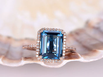 1.50 Carat Emerald Cut London Blue Topaz Halo Half Eternity Engagement Ring in Rose Gold