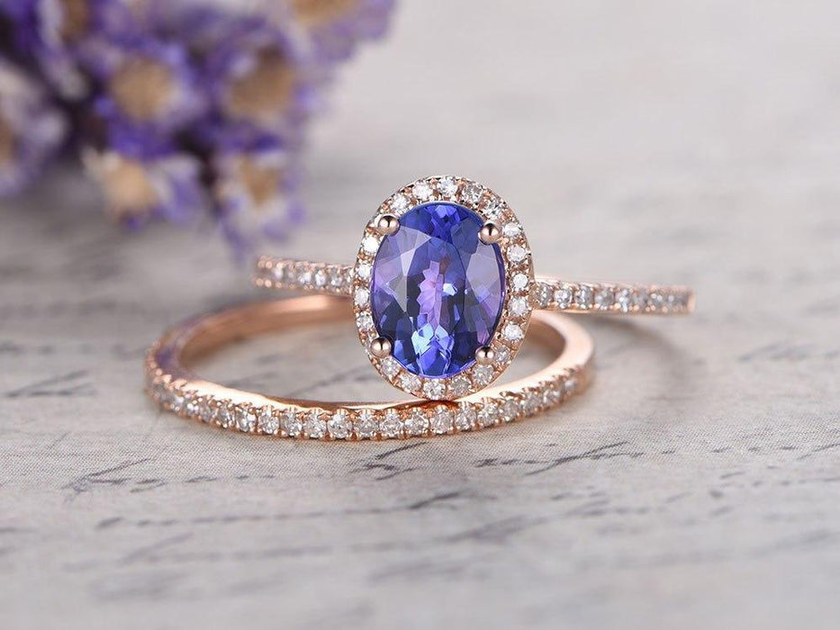 2 Carat Oval Tanzanite Diamond Floral Wedding Ring Set in Rose Gold