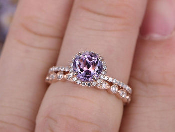 Bestselling 2 Carat Round Cut Amethyst and Diamond Bridal halo Art Deco Bridal Ring Set in Rose Gold