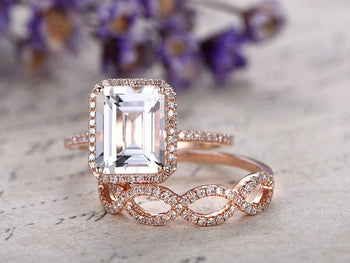 2.50 Carat Emerald Cut White Blue Topaz and Diamond Halo Split Shank Engagement Ring in Rose Gold