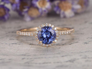 1.50 Carat Round Tanzanite Diamond Halo Half Infinity Engagement Ring in Yellow Gold